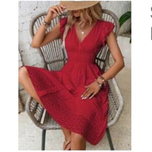 SHEIN Eyelet Ruffle Butterfly Sleeve Red Dress, Size XL